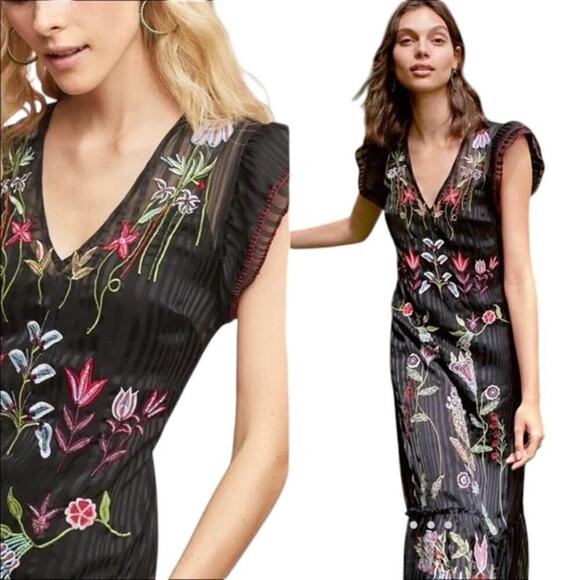 Not So Serious by Pallavi Mohan Sheer Black Floral Embroidered Midi Dress Size 4 - Picture 7 of 7